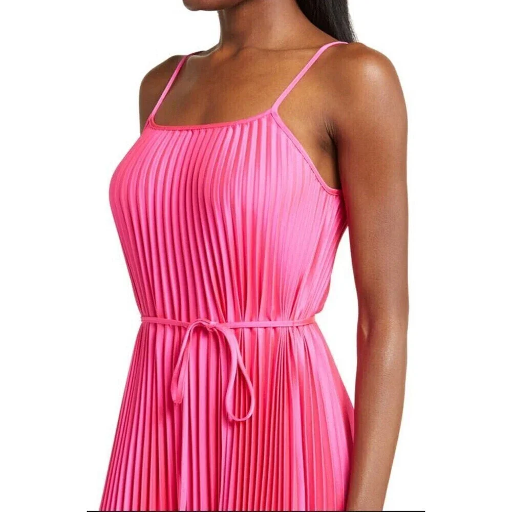 Sam Edelman barbiecore midi dress Hammered Satin Plissé luxury Dress Pink tie M - Picture 3 of 9